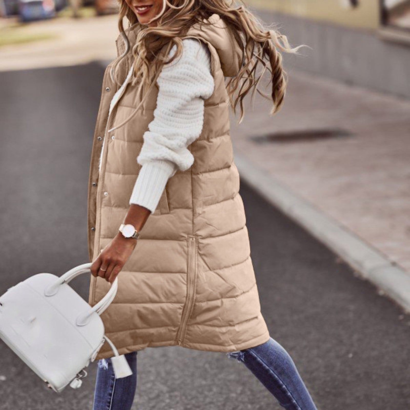 Women's Long Hooded Puffer Vest – Sleeveless Quilted Pocket Bodywarmer