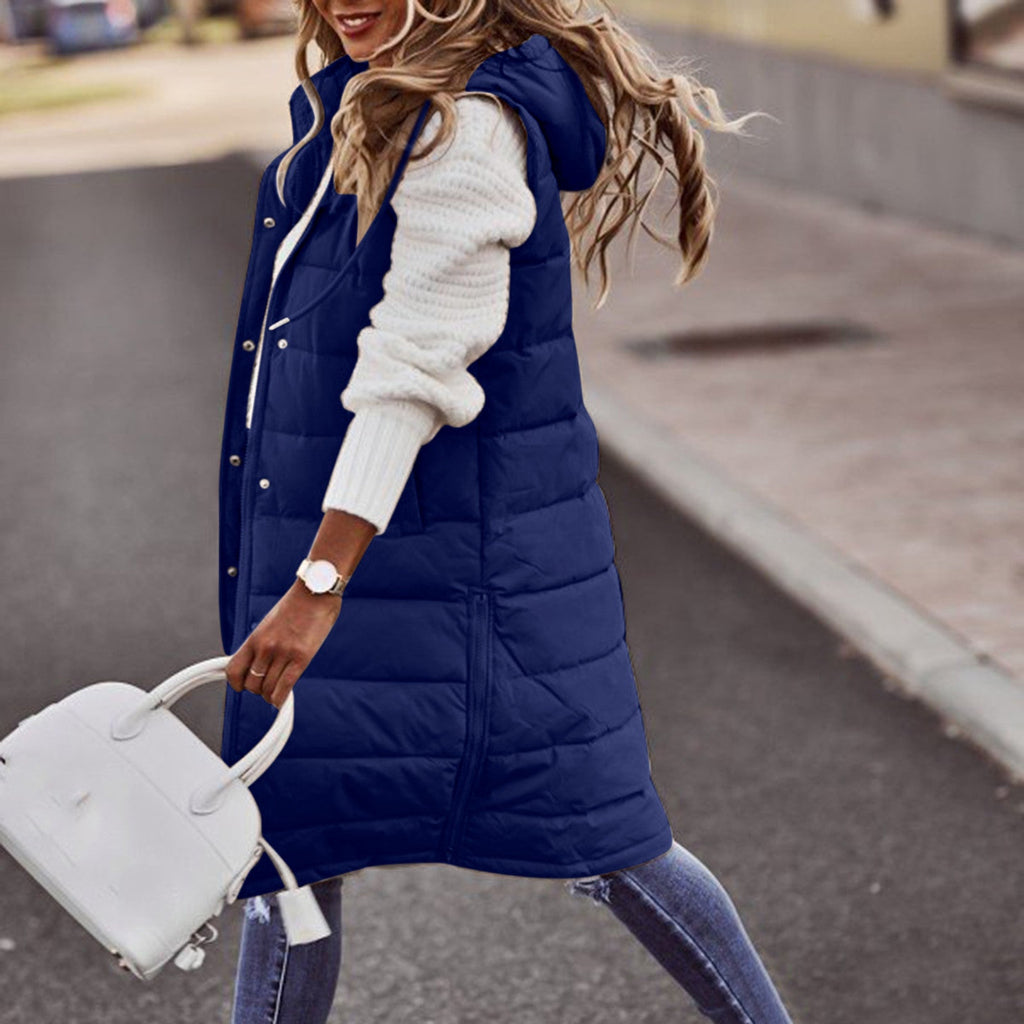 Women's Long Hooded Puffer Vest – Sleeveless Quilted Pocket Bodywarmer