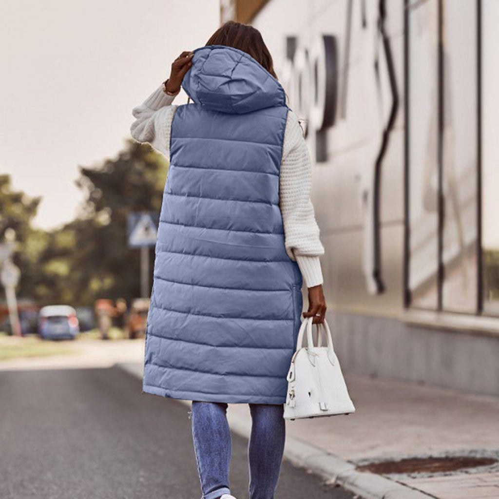 Women's Long Hooded Puffer Vest – Sleeveless Quilted Pocket Bodywarmer