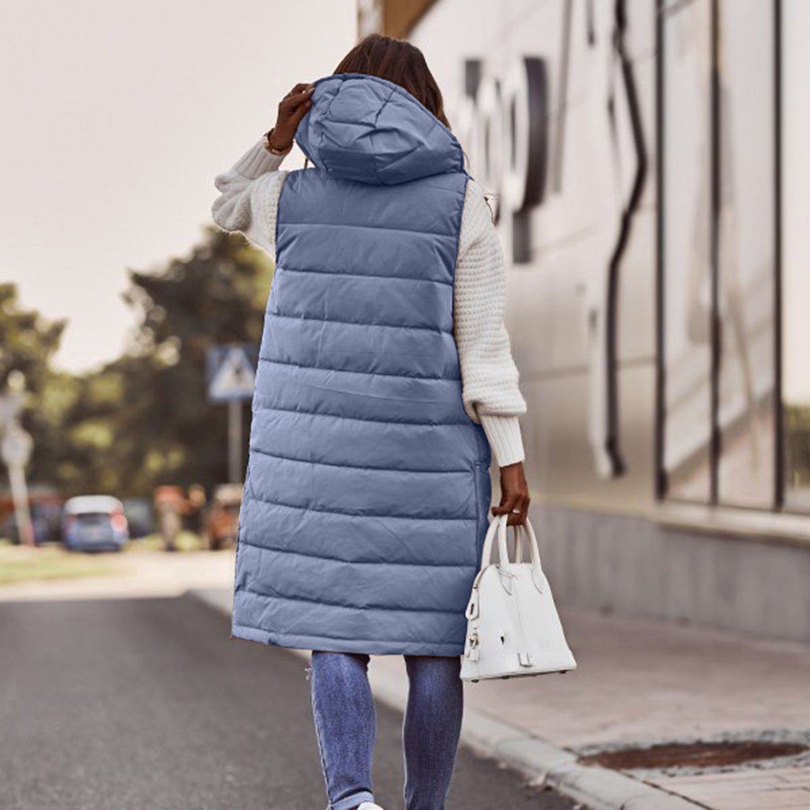 Women's Long Hooded Puffer Vest – Sleeveless Quilted Pocket Bodywarmer