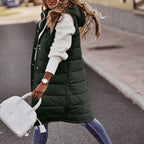 Women's Long Hooded Puffer Vest – Sleeveless Quilted Pocket Bodywarmer