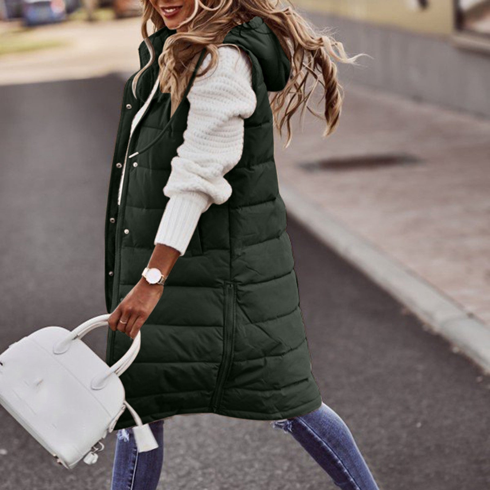 Women's Long Hooded Puffer Vest – Sleeveless Quilted Pocket Bodywarmer