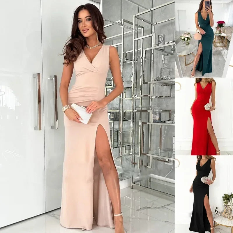 Women's Sleeveless V-Neck Dress – Side Slit Formal Occasion Dress