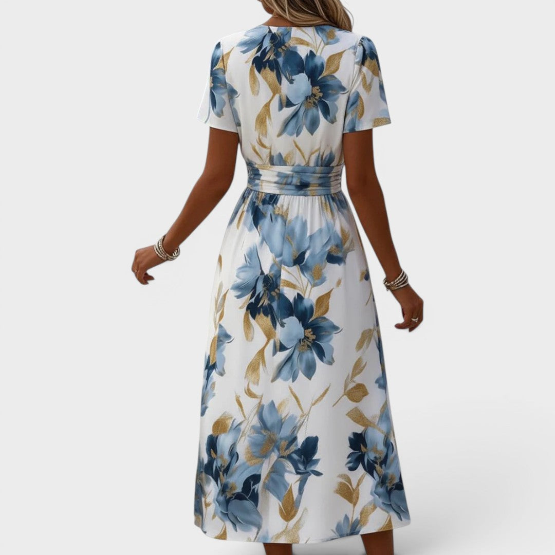 Women's Floral A-Line Midi Dress – V-Neck Cinched Waist Dress