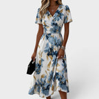 Women's Floral A-Line Midi Dress – V-Neck Gathered Waist Occasion Dress