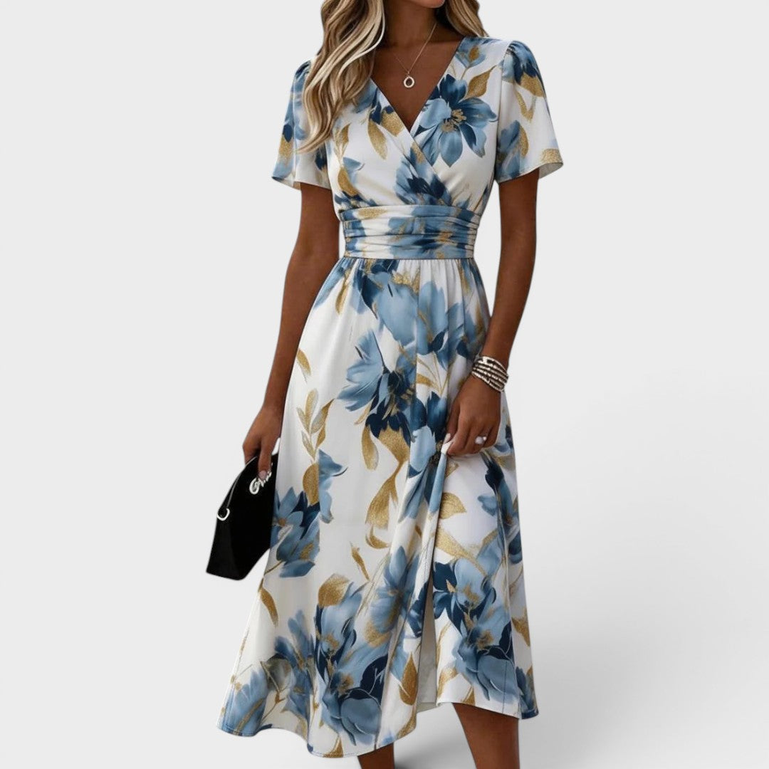 Women's Floral A-Line Midi Dress – V-Neck Gathered Waist Occasion Dress
