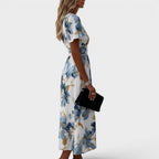 Women's Floral A-Line Midi Dress – V-Neck Gathered Waist Occasion Dress