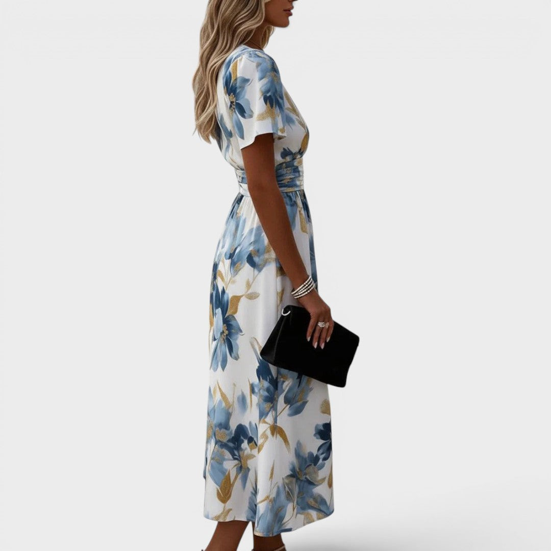 Women's Floral A-Line Midi Dress – V-Neck Gathered Waist Occasion Dress