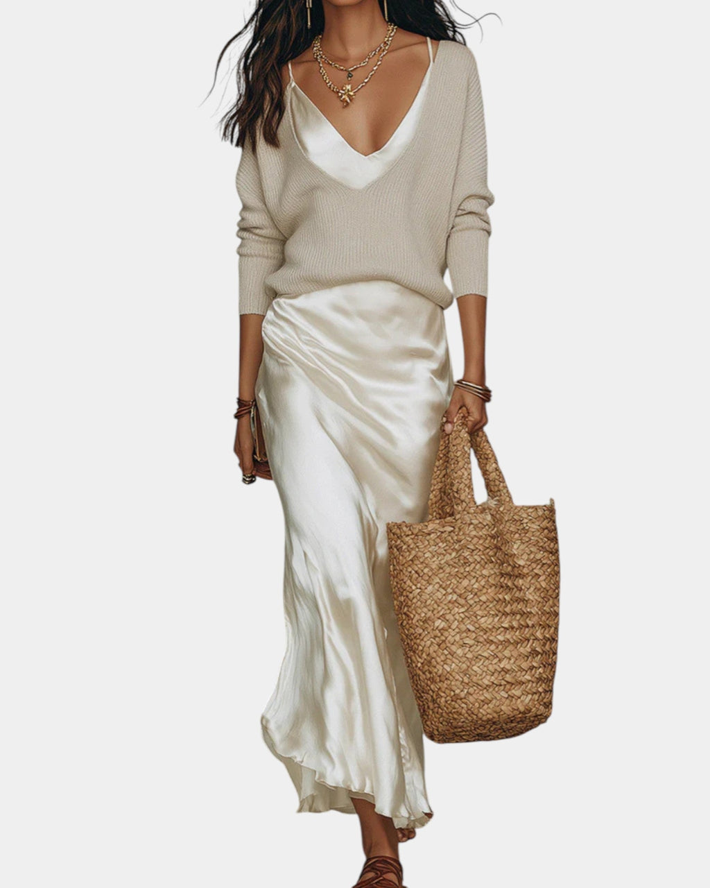 Women's Two-Piece Dress Set – Long Sleeve Blouse & Midi Skirt Set