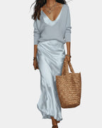 Women's Two-Piece Dress Set – Long Sleeve Blouse & Midi Skirt Set