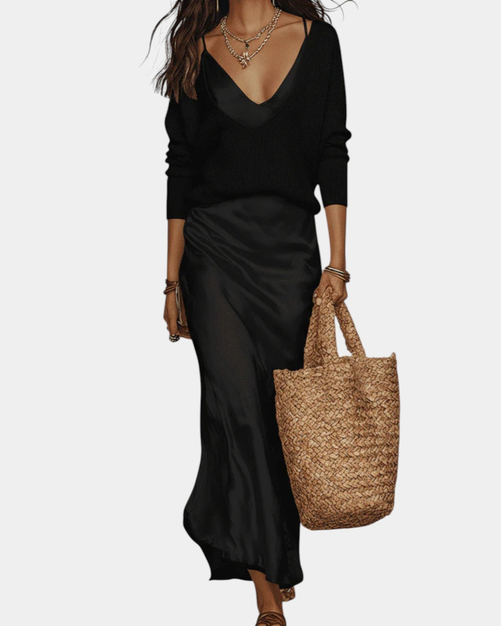 Women's Two-Piece Dress Set – Long Sleeve Blouse & Midi Skirt Set