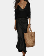 Women's Two-Piece Dress Set – Long Sleeve Blouse & Midi Skirt Set