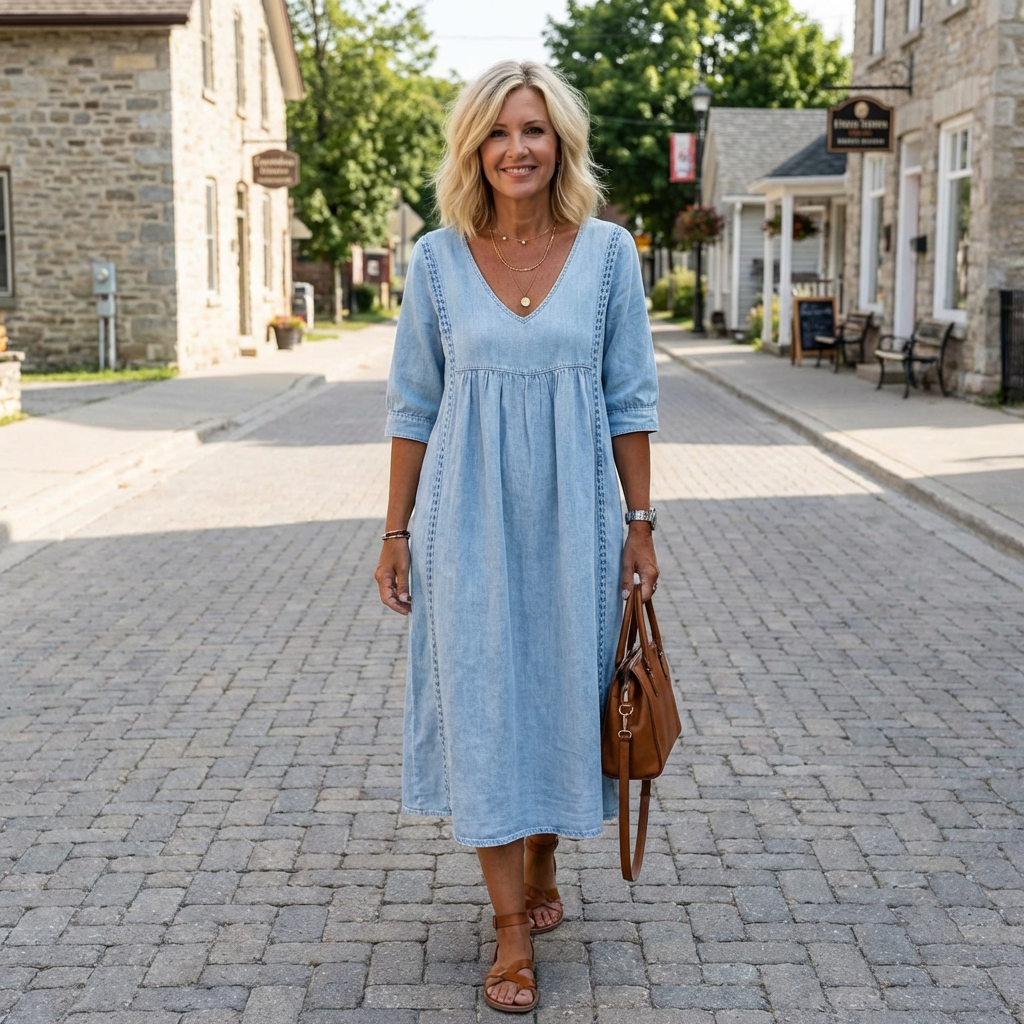 Women's Vintage Denim Look Dress – Relaxed Button Front Dress