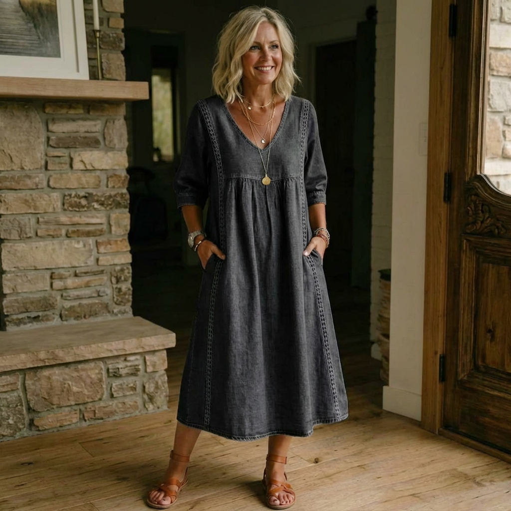 Women's Vintage Denim Look Dress – Relaxed Button Front Dress