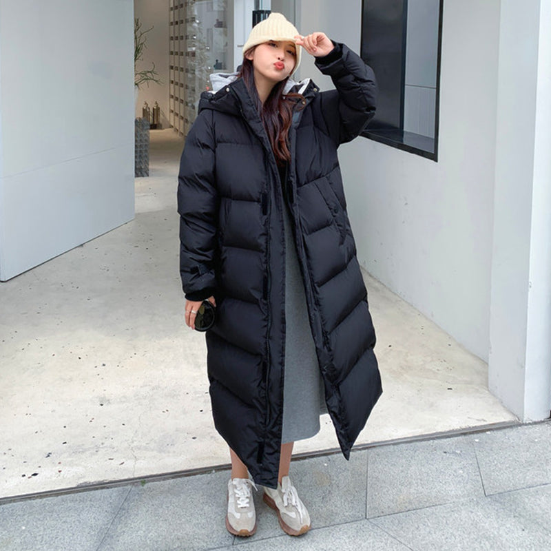 Women's Long Hooded Parka – Zip-Up Pocket Winter Coat