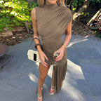 Women's Draped Dress – Asymmetrical Sash High Neck Dress