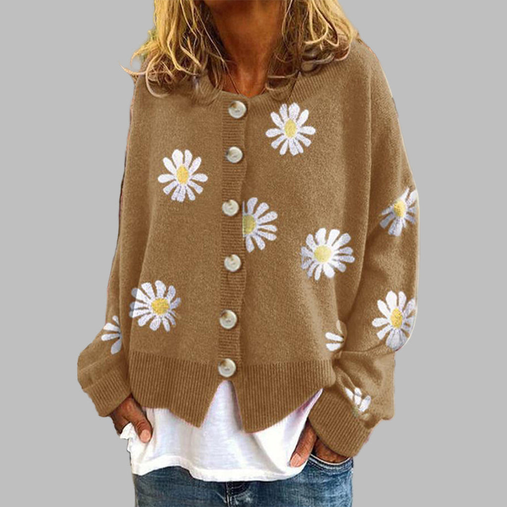 Women's Floral Knit Cardigan – Round Neck Long Sleeve Cardigan
