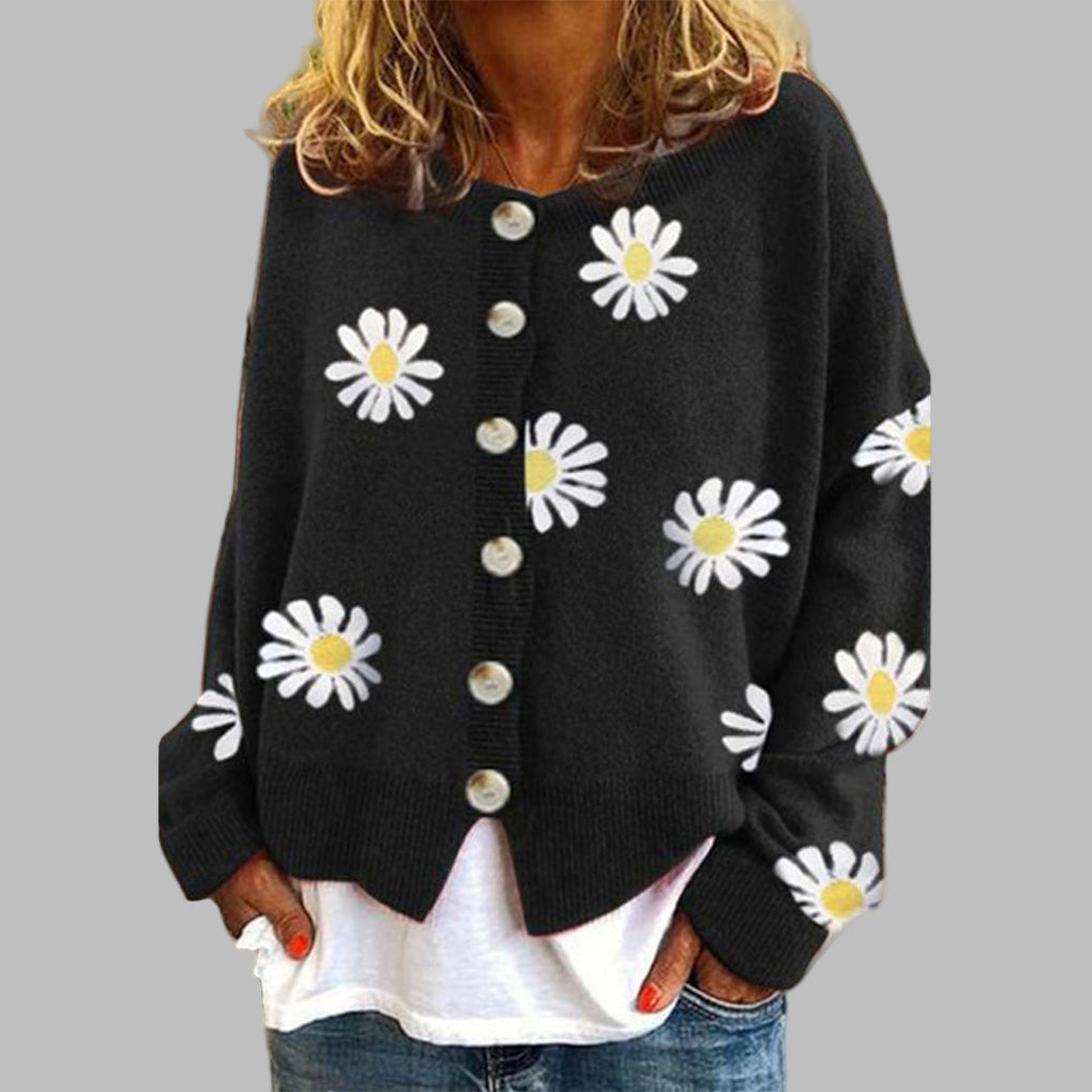 Women's Floral Knit Cardigan – Round Neck Long Sleeve Cardigan