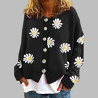 Women's Floral Knit Cardigan – Round Neck Long Sleeve Cardigan