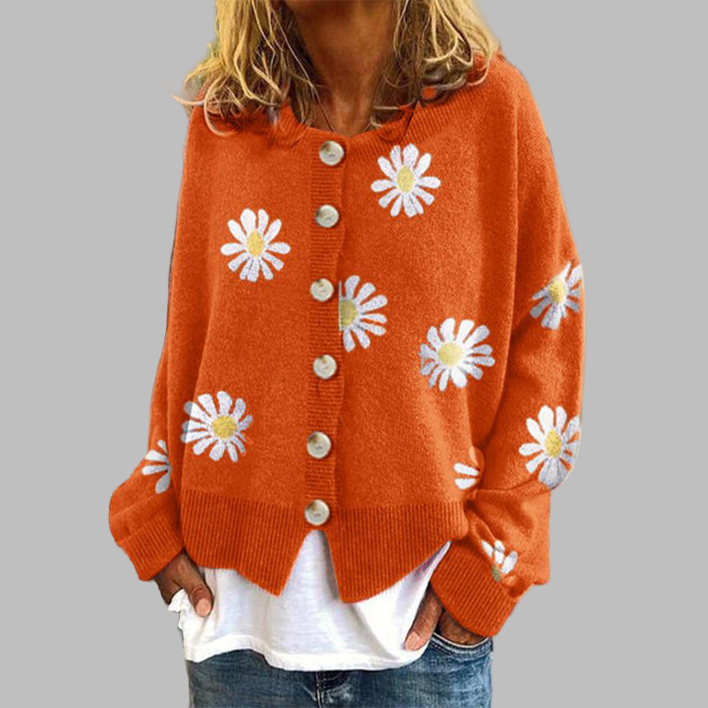 Women's Floral Knit Cardigan – Round Neck Long Sleeve Cardigan