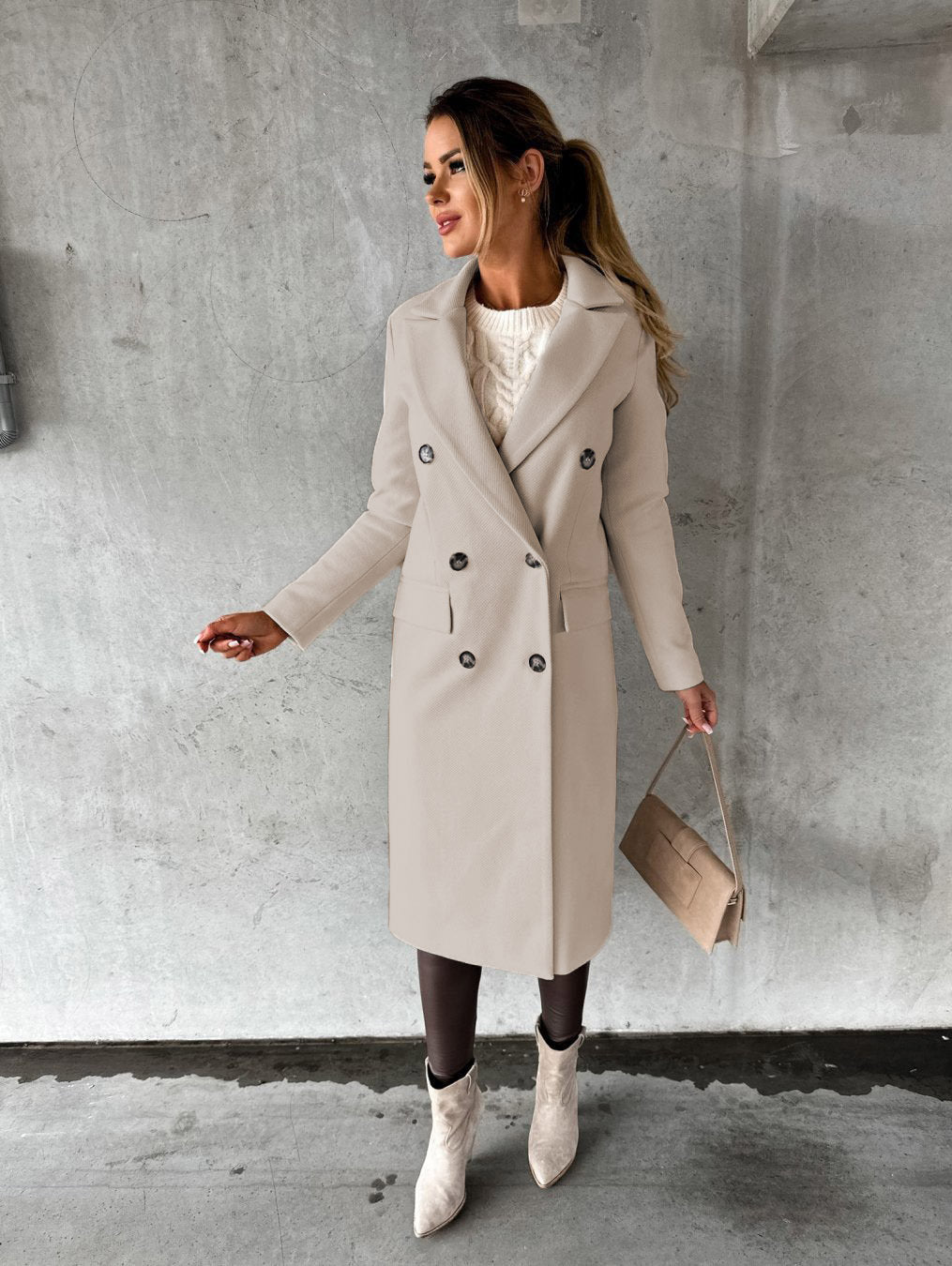 Women's Tailored Long Coat – Double-Breasted Winter Overcoat