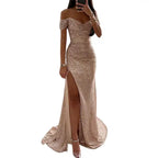 Women's Off-Shoulder Sequin Maxi Dress – Pleated High Slit Evening Gown