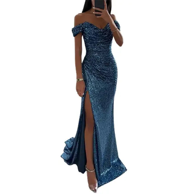 Women's Off-Shoulder Sequin Maxi Dress – Pleated High Slit Evening Gown