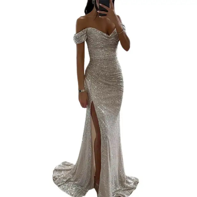 Women's Off-Shoulder Sequin Maxi Dress – Pleated High Slit Evening Gown