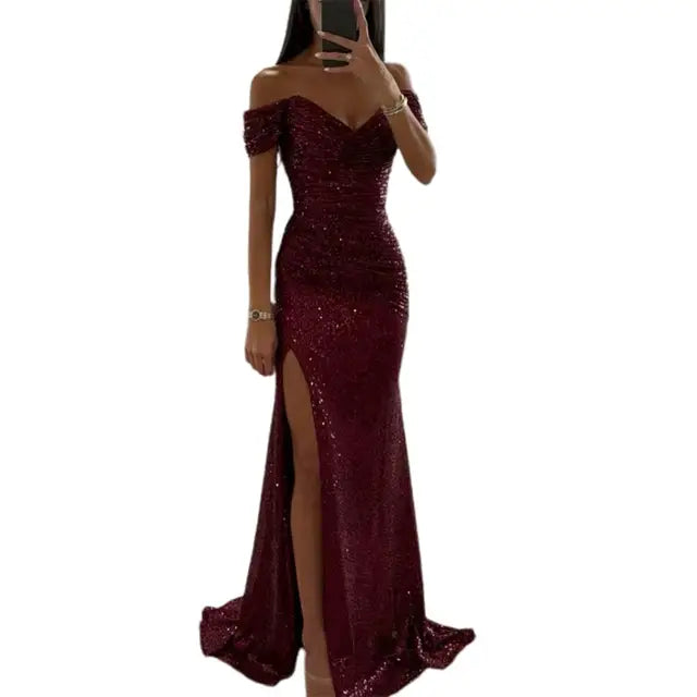 Women's Off-Shoulder Sequin Maxi Dress – Pleated High Slit Evening Gown