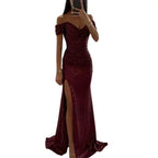 Women's Off-Shoulder Sequin Maxi Dress – Pleated High Slit Evening Gown