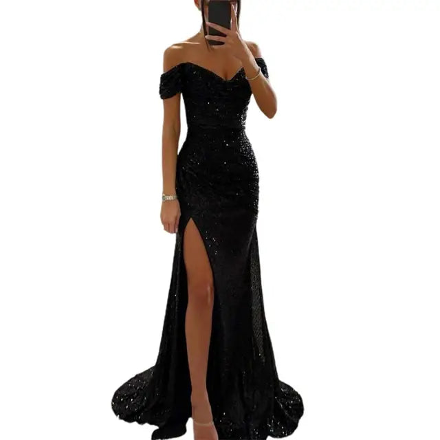 Women's Off-Shoulder Sequin Maxi Dress – Pleated High Slit Evening Gown