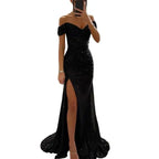 Women's Off-Shoulder Sequin Maxi Dress – Pleated High Slit Evening Gown