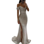 Women's Off-Shoulder Sequin Maxi Dress – Pleated High Slit Evening Gown