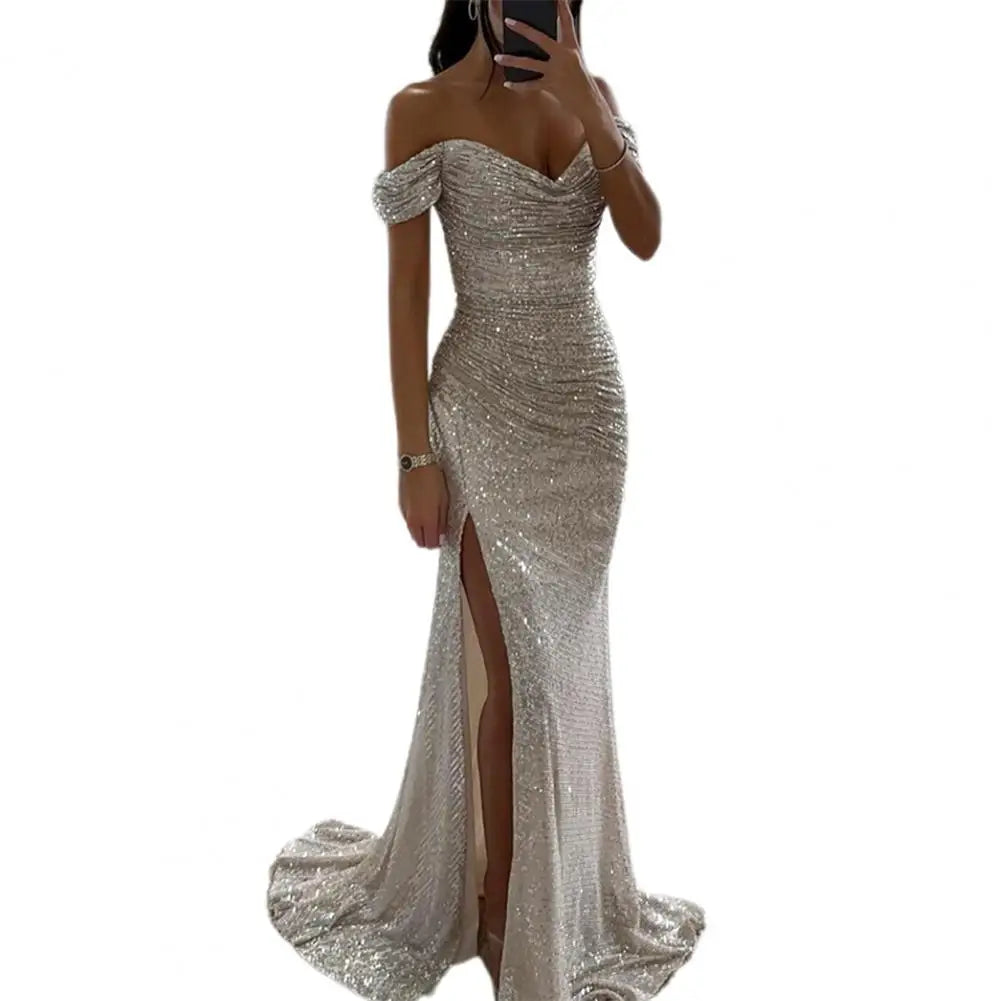 Women's Off-Shoulder Sequin Maxi Dress – Pleated High Slit Evening Gown