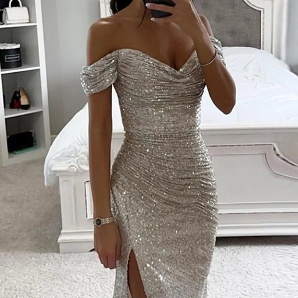 Women's Off-Shoulder Sequin Maxi Dress – Pleated High Slit Evening Gown