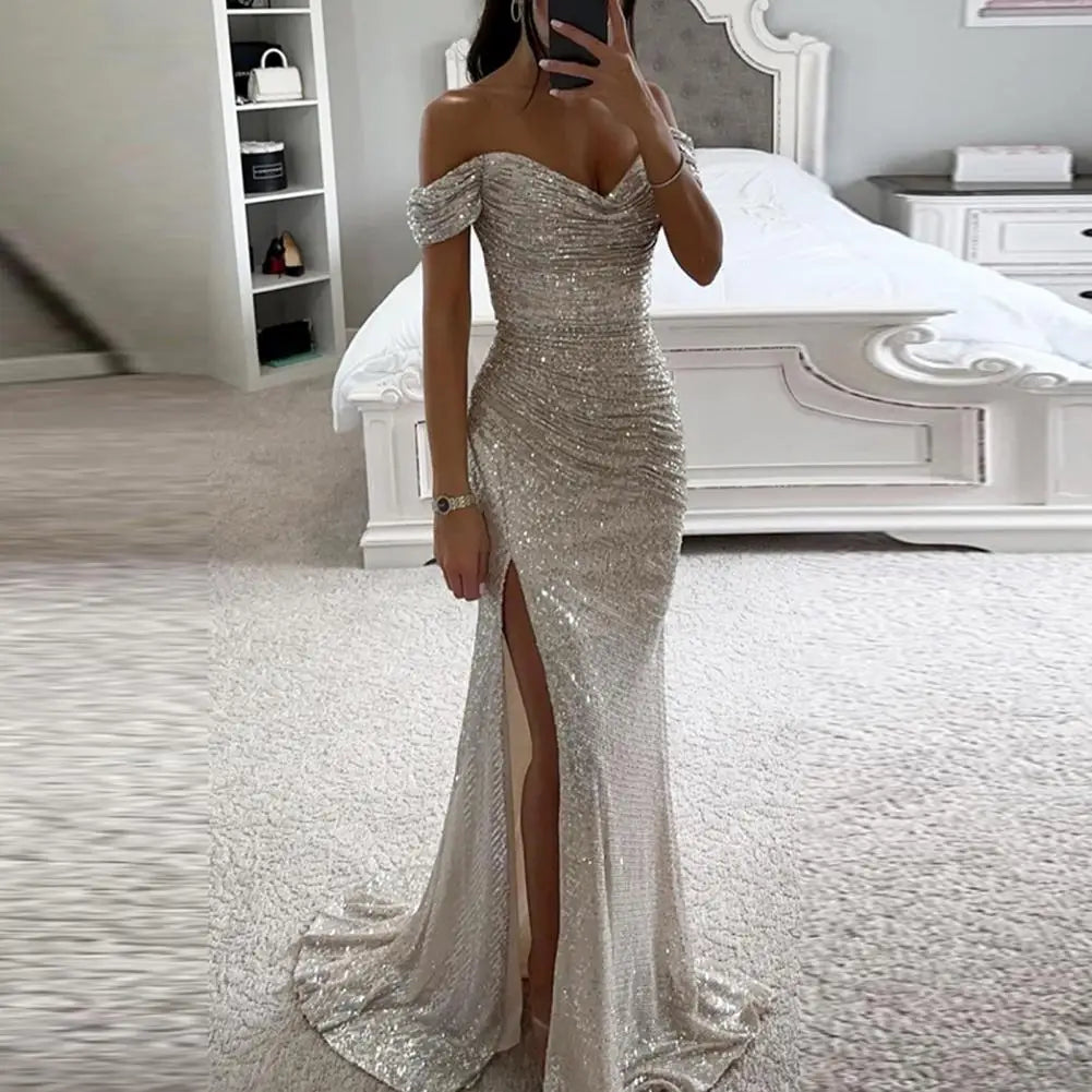 Women's Off-Shoulder Sequin Maxi Dress – Pleated High Slit Evening Gown