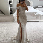 Women's Off-Shoulder Sequin Maxi Dress – Pleated High Slit Evening Gown