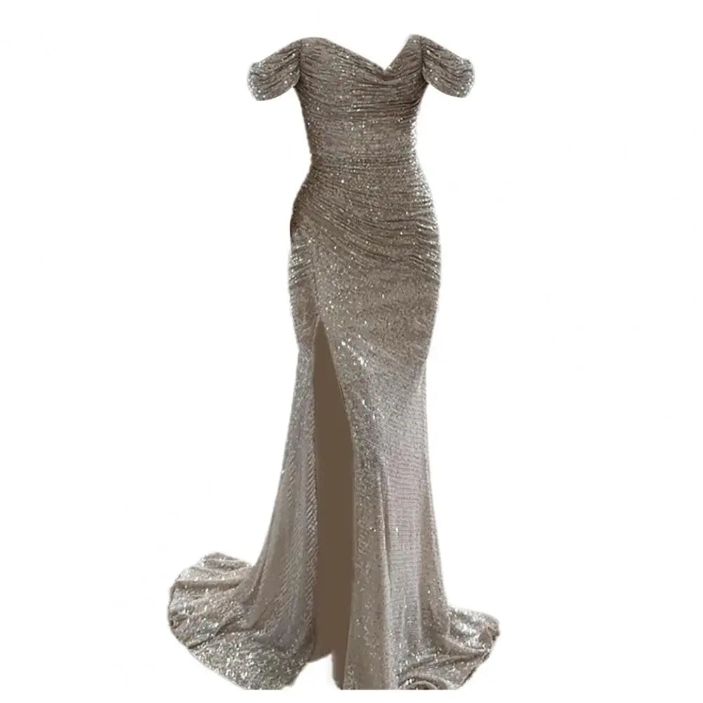Women's Off-Shoulder Sequin Maxi Dress – Pleated High Slit Evening Gown