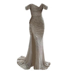 Women's Off-Shoulder Sequin Maxi Dress – Pleated High Slit Evening Gown