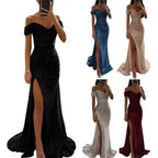 Women's Off-Shoulder Sequin Maxi Dress – Pleated High Slit Evening Gown