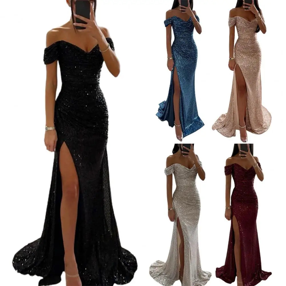 Women's Off-Shoulder Sequin Maxi Dress – Pleated High Slit Evening Gown