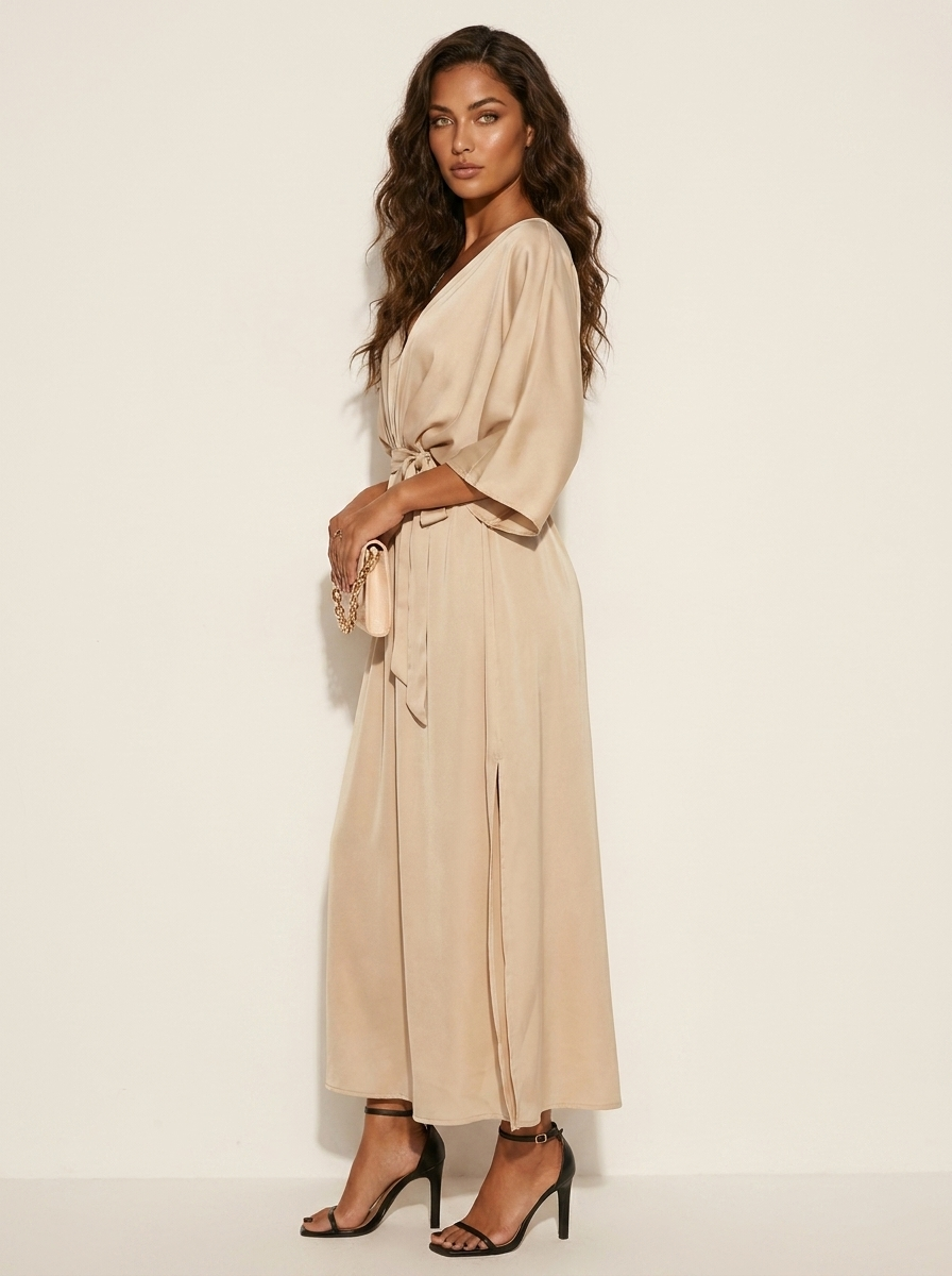 Women's Belted V-Neck Maxi Dress – Batwing Sleeve High Slit Evening Dress
