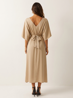 Women's Belted V-Neck Maxi Dress – Batwing Sleeve High Slit Evening Dress
