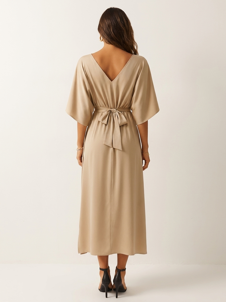 Women's Belted V-Neck Maxi Dress – Batwing Sleeve High Slit Evening Dress