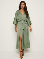 Women's Belted V-Neck Maxi Dress – Batwing Sleeve High Slit Evening Dress