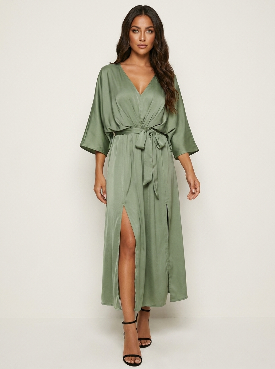 Women's Belted V-Neck Maxi Dress – Batwing Sleeve High Slit Evening Dress