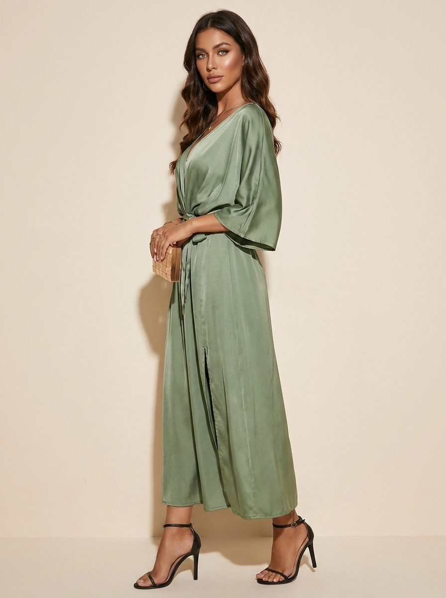 Women's Belted V-Neck Maxi Dress – Batwing Sleeve High Slit Evening Dress