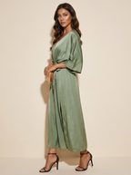 Women's Belted V-Neck Maxi Dress – Batwing Sleeve High Slit Evening Dress