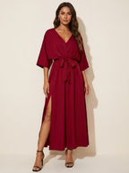 Women's Belted V-Neck Maxi Dress – Batwing Sleeve High Slit Evening Dress