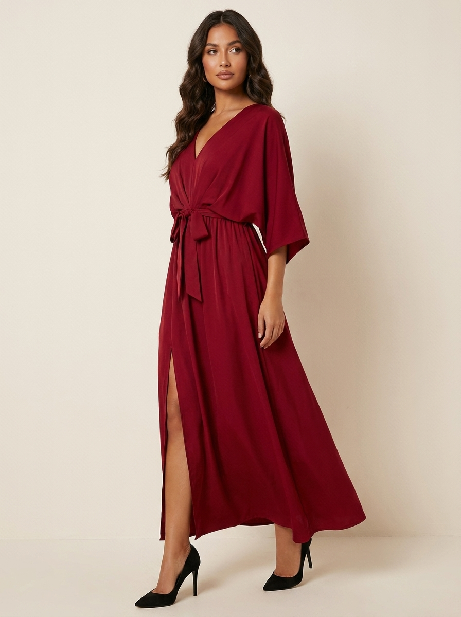 Women's Belted V-Neck Maxi Dress – Batwing Sleeve High Slit Evening Dress